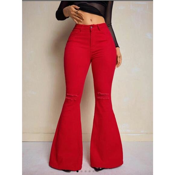 Plus Size Solid Ripped Button Fly Flare Leg Janes, Fashion Casual - 2XL - Picture 1 of 6